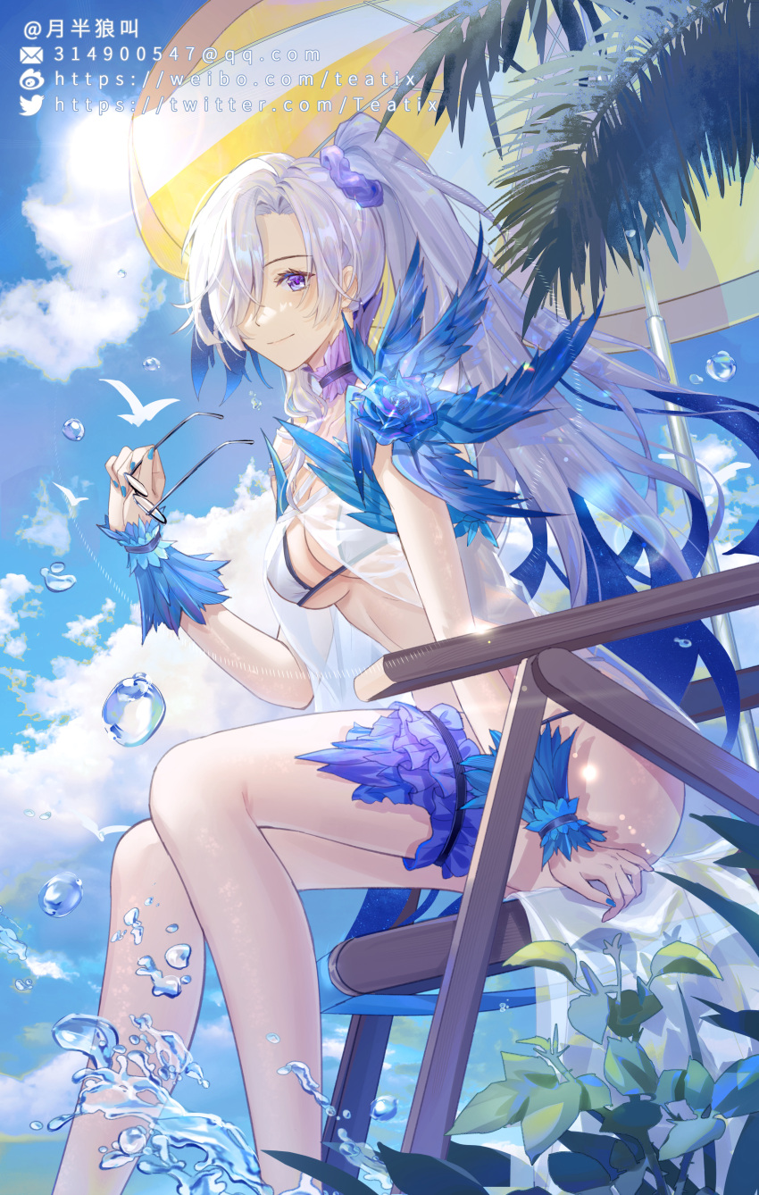 1girl absurdres artist_name bangs bare_shoulders bikini bird blue_flower blue_hair blue_nails blue_rose brynhildr_(fate) brynhildr_(swimsuit_berserker)_(fate) eyewear_removed fate/grand_order fate_(series) feet_out_of_frame flower glasses grey_hair hair_flower hair_ornament hair_over_one_eye highres holding holding_eyewear light long_hair looking_at_viewer multicolored_hair nail_polish outdoors purple_flower purple_rose purple_scrunchie rose scrunchie side_ponytail sitting sky smile solo sun sunlight swimsuit teatix twitter_username two-tone_hair umbrella violet_eyes water water_drop weibo_username white_bikini white_hair wrist_cuffs