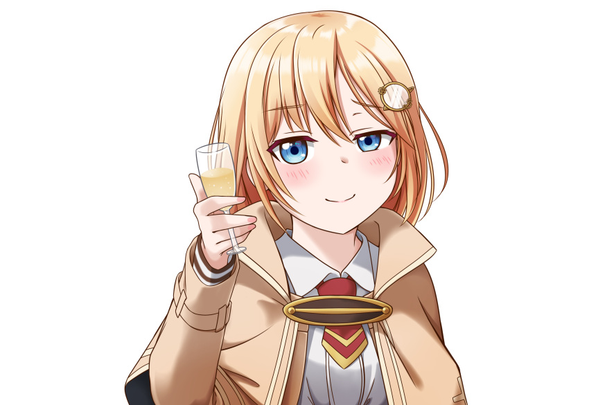1girl absurdres blonde_hair blue_eyes closed_mouth cup drinking_glass eyebrows_visible_through_hair hair_ornament highres holding holding_cup hololive hololive_english jan_azure long_sleeves looking_at_viewer meme monocle_hair_ornament necktie red_necktie short_hair smug solo transparent_background upper_body virtual_youtuber watson_amelia wine_glass