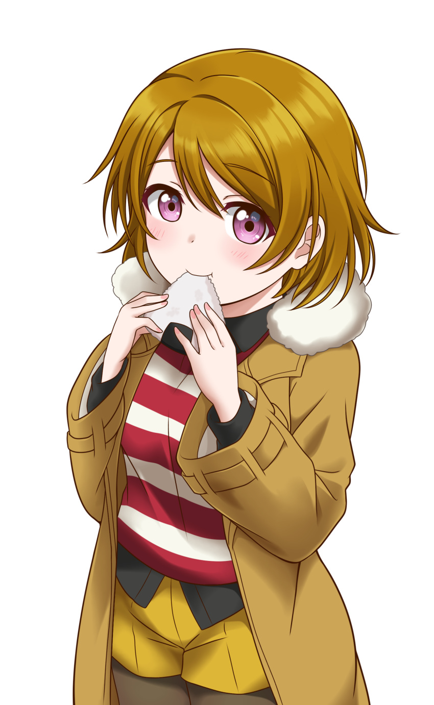 absurdres blush brown_coat brown_hair brown_shorts closed_mouth coat eating eyebrows_visible_through_hair food highres holding holding_food jan_azure koizumi_hanayo legwear_under_shorts long_sleeves looking_at_viewer love_live! multicolored_shirt onigiri red_shirt shirt short_hair shorts smile striped striped_shirt transparent_background violet_eyes white_shirt