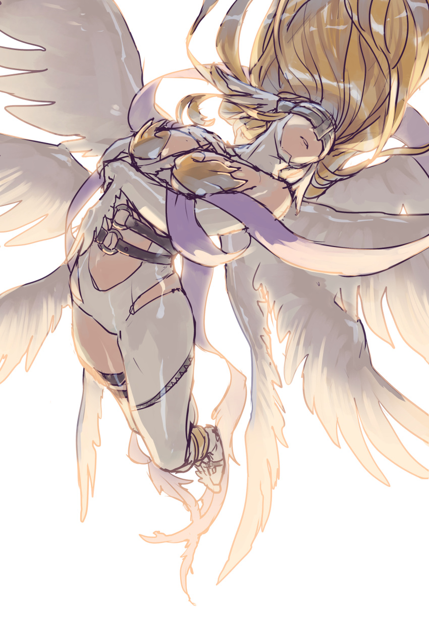 1girl absurdres angel angel_wings angewomon bare_shoulders blonde_hair breasts closed_mouth clothing_cutout commentary crossed_arms digimon digimon_(creature) elbow_gloves feathered_wings floating_hair full_body gloves hand_on_own_chest head_wings highres long_hair mask navel navel_cutout o-ring_belt purple_sash sash shiny shiny_hair simple_background single_thighhigh solo thigh-highs thigh_strap tokonatu white_background white_wings wings