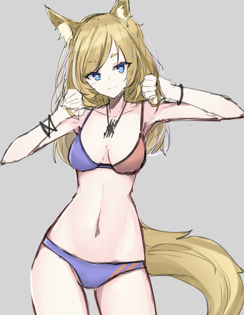 1girl absurdres animal_ear_fluff animal_ears arknights bikini blonde_hair blue_bikini blue_eyes bracelet breasts collarbone cowboy_shot eyebrows_visible_through_hair grey_background hands_in_hair hands_up highres horse_ears horse_girl horse_tail jewelry kingdom_of_kazimierz_logo long_hair looking_at_viewer medium_breasts navel necklace red_bikini simple_background sketch smile solo swimsuit tail thick_eyebrows touko_(toko12_tooko) two-tone_bikini whislash_(arknights)