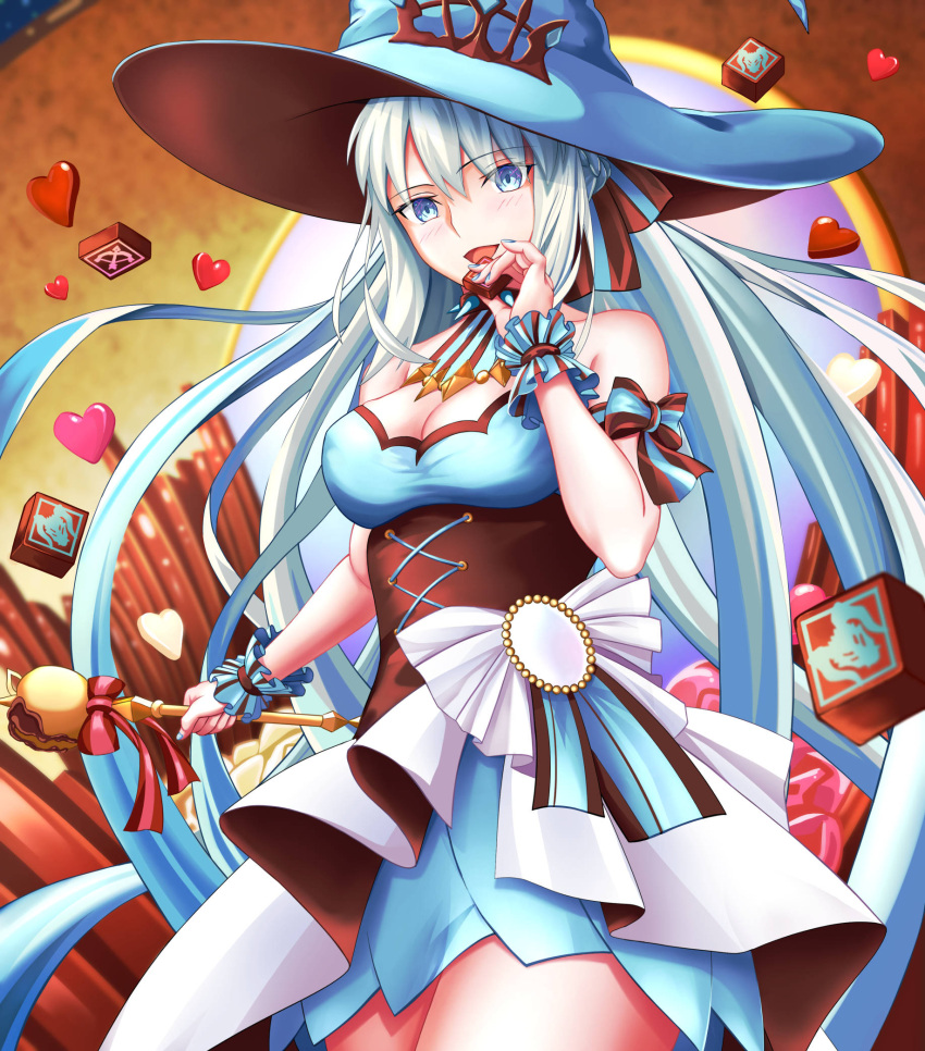 1girl bangs bare_thighs black_bow blue_dress blue_eyes blue_nail_polish blush bow braid breasts chocolate cleavage closed_eyes dress eating eyebrows eyebrows_visible_through_hair eyes fate/grand_order fate_(series) food french_braid grey_hair hair hair_bow harukey hat holding_chocolate holding_food large_breasts legs legs_together long_hair morgan_le_fay_(fate) nail_polish open_eyes ponytail sidelocks sleeveless sleeveless_dress strapless strapless_dress thighs thighs_together very_long_hair witch_hat