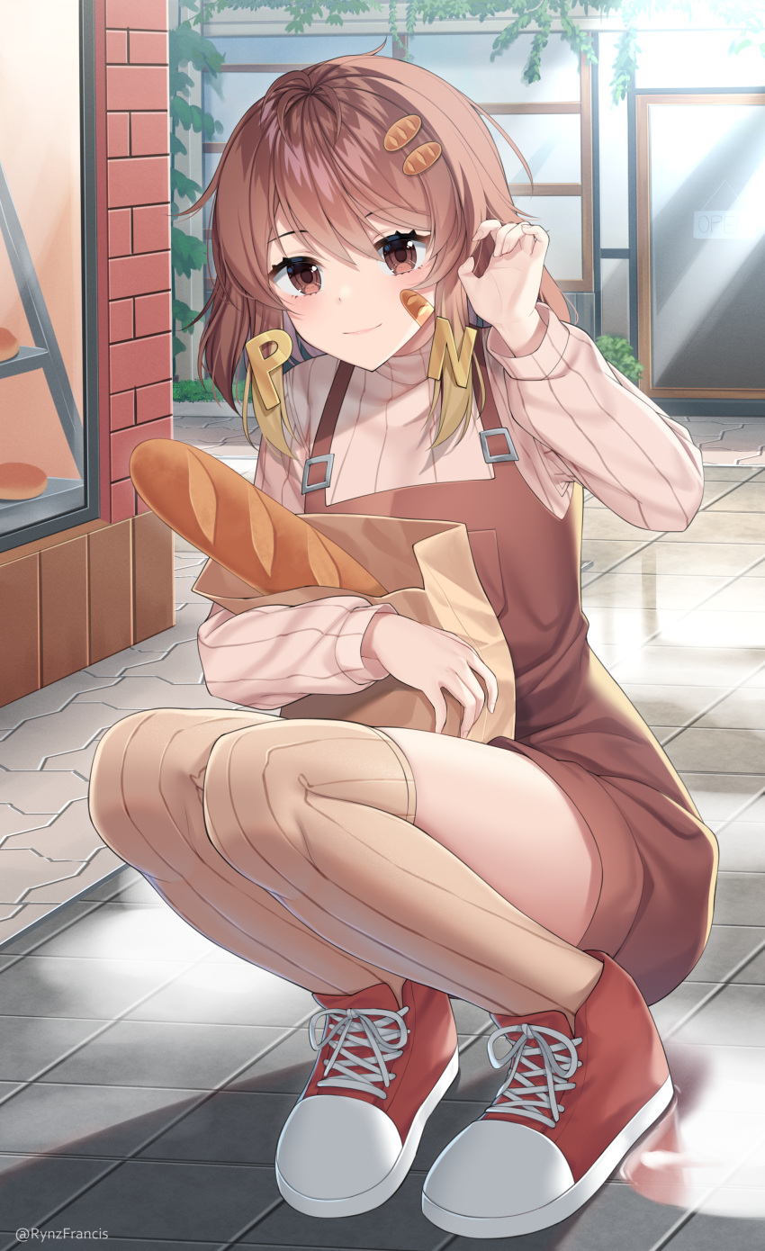 1girl absurdres baguette blush bread brown_eyes brown_hair brown_legwear character_request closed_mouth commission eyebrows_visible_through_hair food highres indie_virtual_youtuber lips long_hair long_sleeves looking_at_viewer over-kneehighs overalls red_footwear rynzfrancis shoes smile sneakers solo thigh-highs virtual_youtuber