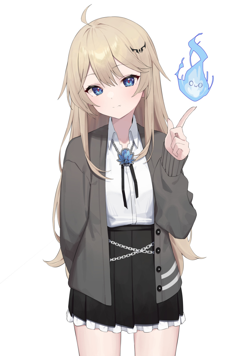 0w0 1girl absurdres ahoge bangs black_skirt blonde_hair blue_eyes closed_mouth collared_shirt commission dress_shirt eyebrows_visible_through_hair fang fang_out frilled_skirt frills grey_jacket hair_between_eyes hand_up head_tilt highres hitodama jacket long_hair open_clothes open_jacket original pleated_skirt shirt simple_background skirt smile solo syhan very_long_hair white_background white_shirt
