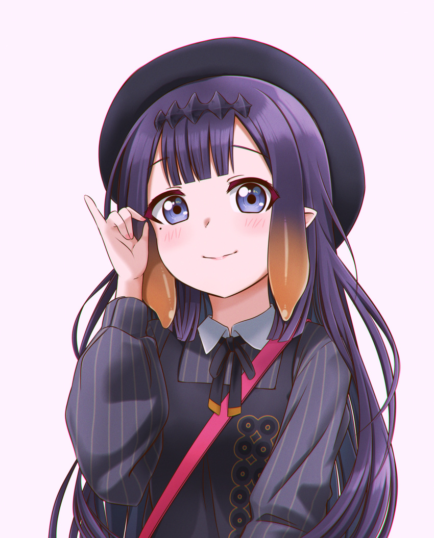 1girl absurdres bangs blunt_bangs gradient_hair hat highres hololive hololive_english jan_azure long_hair mole mole_under_eye multicolored_hair ninomae_ina'nis orange_hair pink_background pinky_out pointy_ears purple_hair simple_background smile solo tentacle_hair virtual_youtuber