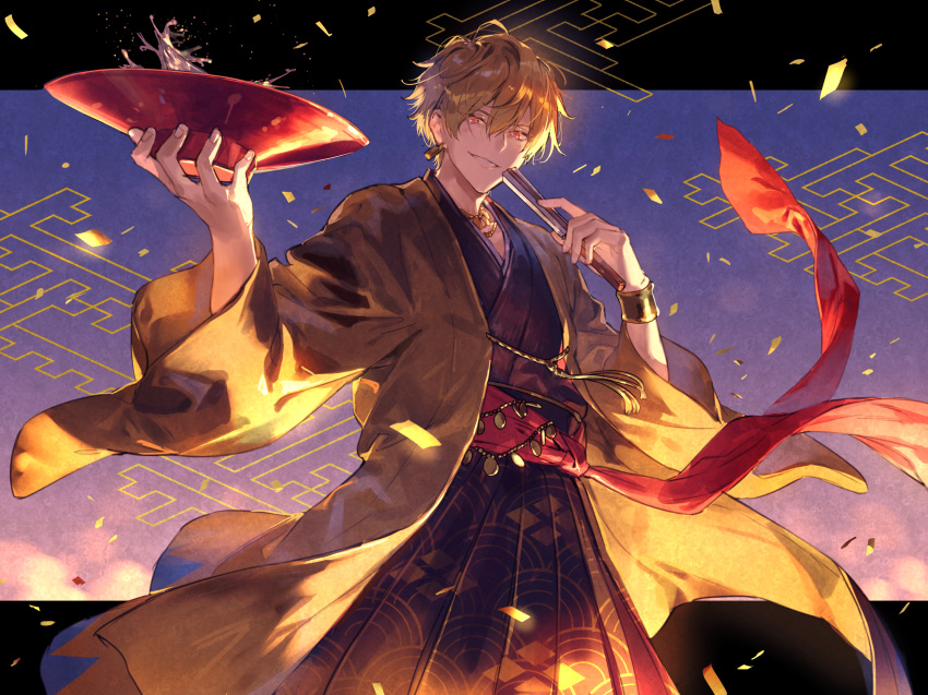 1boy armlet bangle bangs bikkusama blonde_hair bracelet earrings fate/grand_order fate_(series) gilgamesh_(caster)_(fate) gilgamesh_(fate) gilgamesh_(formal_dress)_(fate) highres japanese_clothes jewelry kimono looking_at_viewer official_alternate_costume red_eyes sky smile type-moon