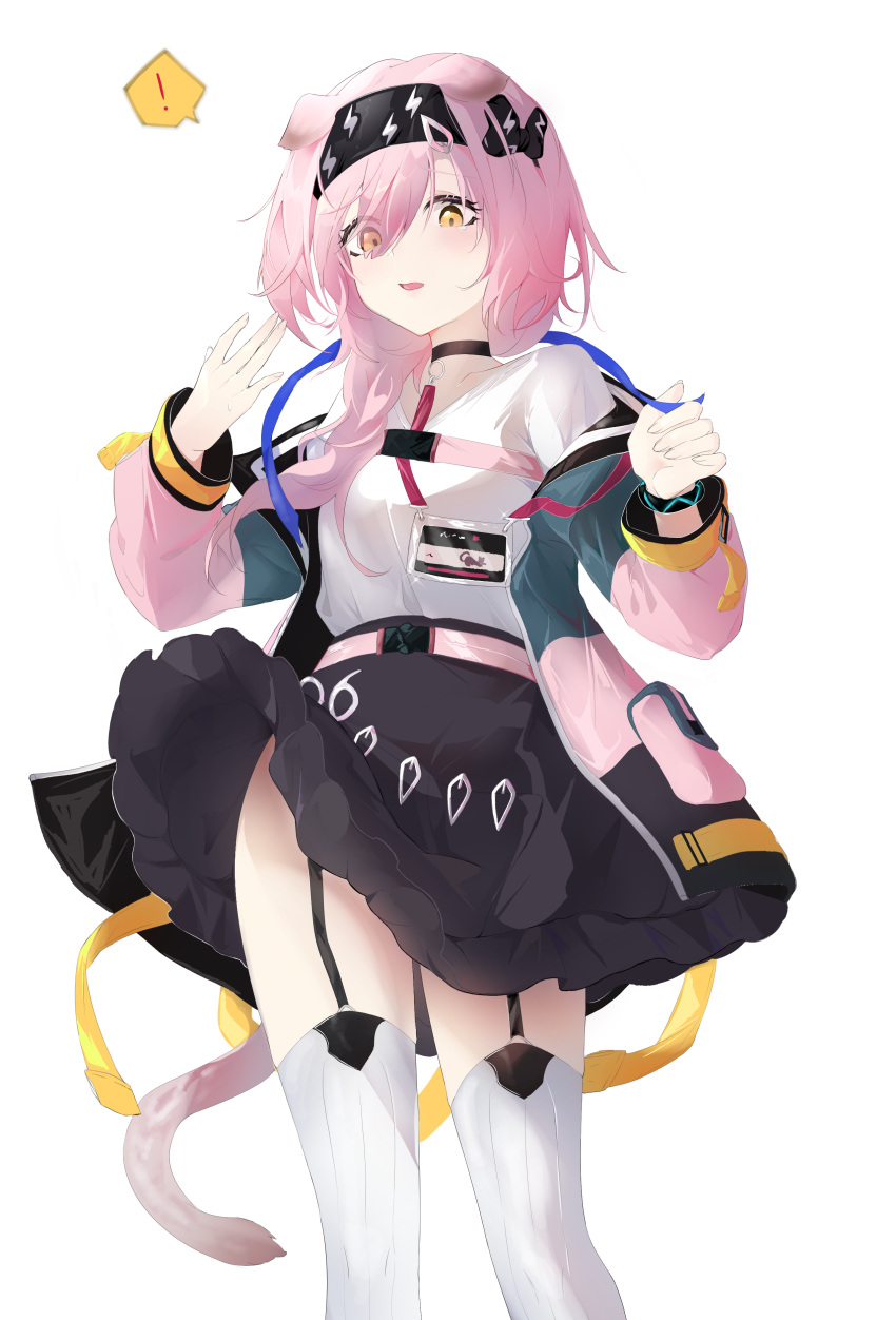 ! 1girl absurdres animal_ears arknights belt black_choker black_hairband black_jacket black_skirt black_wristband blue_jacket braid cat_ears cat_girl cat_tail choker clothes_lift feet_out_of_frame garter_straps goldenglow_(arknights) hair_between_eyes hairband hands_up highres id_card infection_monitor_(arknights) jacket kkk_dami lightning_bolt_print long_hair looking_at_viewer multicolored_clothes multicolored_jacket off_shoulder open_clothes open_jacket parted_lips pink_belt pink_hair pink_jacket shirt simple_background skirt skirt_lift solo spoken_exclamation_mark tail thigh-highs white_background white_legwear white_shirt wind wind_lift yellow_eyes