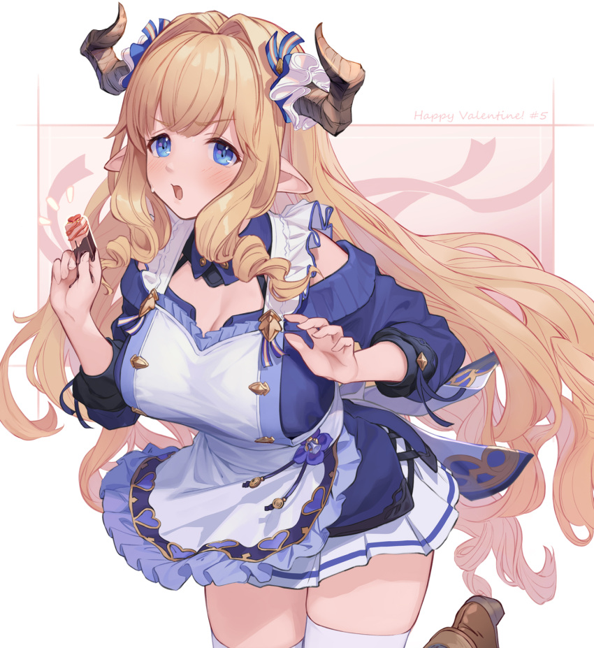 1girl bangs blonde_hair blue_eyes blush breasts chocolate commentary_request draph granblue_fantasy hair_intakes highres horns large_breasts long_hair melting off-shoulder_sweater off_shoulder pointy_ears razia simple_background skirt solo sweater thigh-highs u_jie valentine very_long_hair