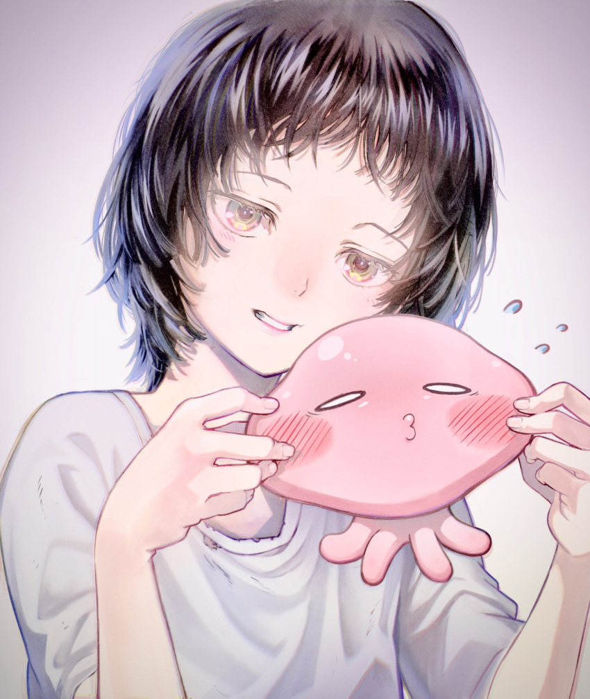 1girl black_hair blush brown_eyes cheek_pinching cheek_pull creature flying_sweatdrops highres kuze_shizuka looking_at_viewer octopus parted_lips pinching pontaponta98 shirt short_hair smile t-shirt takopii takopii_no_genzai upper_body