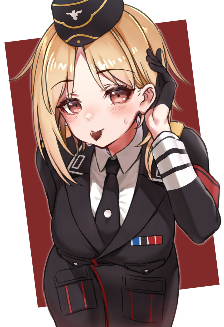 1girl absurdres armband black_gloves black_headwear black_jacket black_necktie blonde_hair candy chocolate collared_shirt eyebrows_visible_through_hair food food_in_mouth garrison_cap girls_frontline gloves half_gloves hat heart heart-shaped_chocolate highres jacket long_sleeves looking_at_viewer military_jacket mouth_hold mp40_(girls'_frontline) necktie shirt short_hair solo sweat toryu_fufu wehrmacht white_shirt yellow_eyes