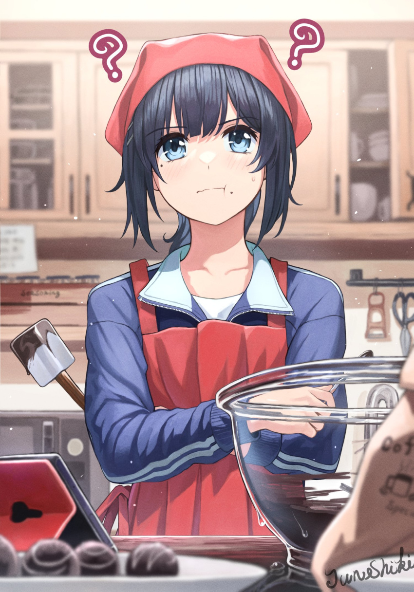 1girl ? apron black_hair blue_eyes chocolate chocolate_making commentary_request crossed_arms glass_bowl highres junshiki kitchen original solo spatula spoon sweat tablet_pc twitter_username