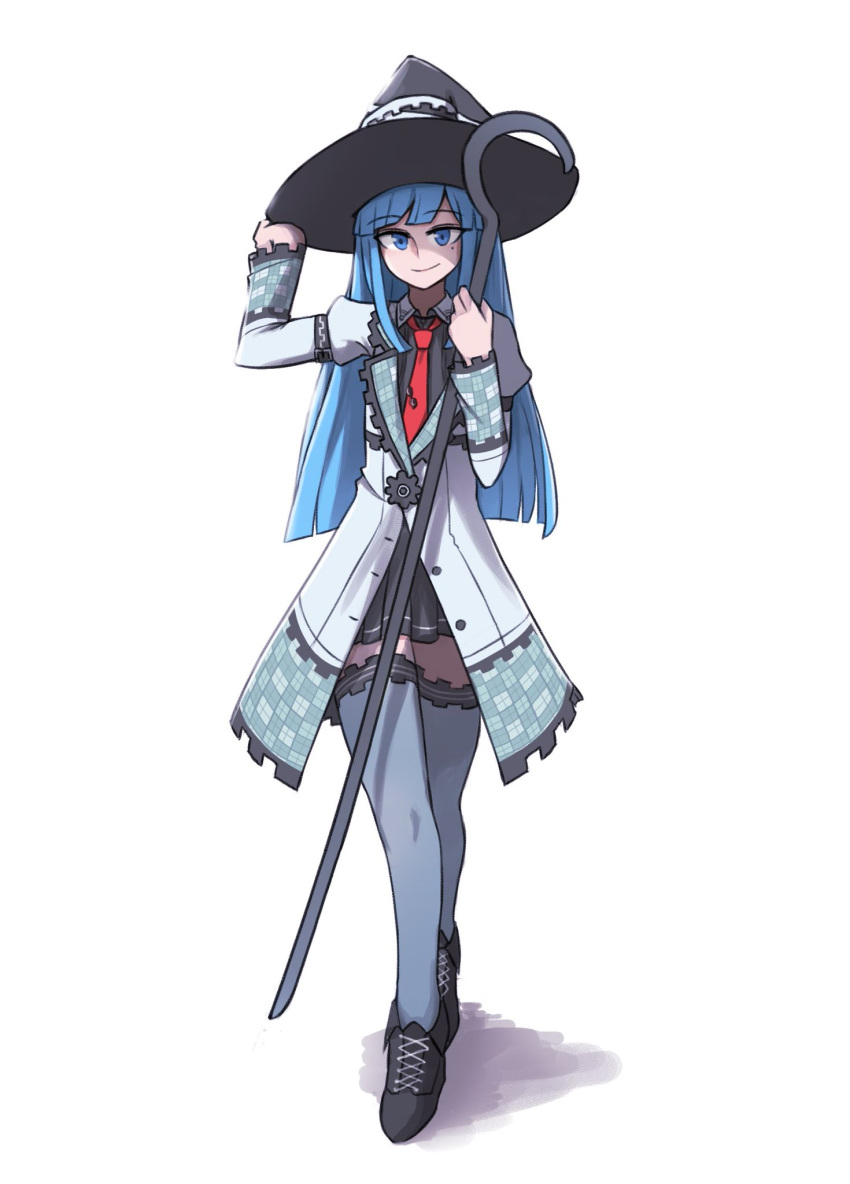 1girl blue_eyes blue_hair commission full_body hand_on_headwear hat highres hime_cut long_hair looking_at_viewer mages. mata_(matasoup) mole mole_under_eye necktie neptune_(series) puffy_sleeves red_necktie simple_background skirt smile solo staff thigh-highs white_background witch_hat zettai_ryouiki