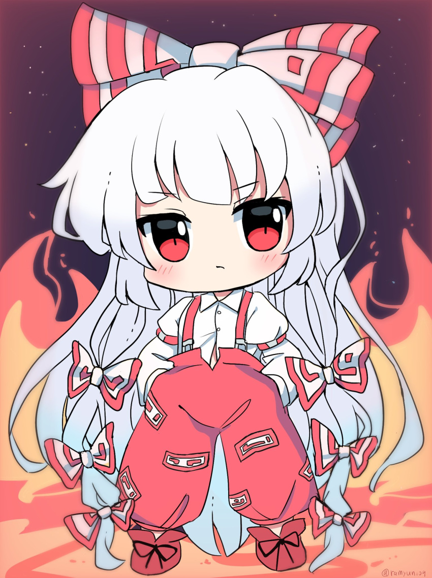 1girl bangs bow chibi closed_mouth eyebrows_visible_through_hair fire fujiwara_no_mokou full_body grey_hair hair_bow hands_in_pockets highres juliet_sleeves long_hair long_sleeves looking_at_viewer multiple_bows ofuda ofuda_on_clothes pants puffy_sleeves ramudia_(lamyun) red_eyes red_pants shirt solo standing suspenders touhou twitter_username white_shirt