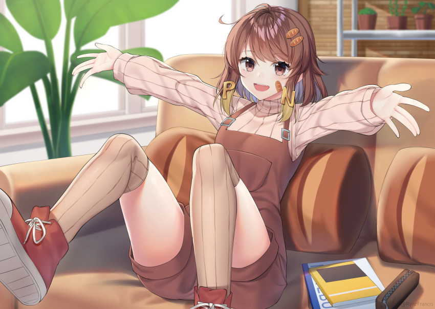 1girl absurdres blush brown_eyes brown_hair brown_legwear character_request commission couch eyebrows_visible_through_hair highres indie_virtual_youtuber indoors lips long_hair long_sleeves looking_at_viewer open_mouth over-kneehighs overalls plant potted_plant red_footwear rynzfrancis shoes sitting smile sneakers solo thigh-highs virtual_youtuber