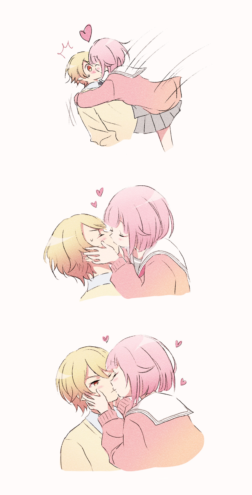 1boy 1girl absurdres blonde_hair blush closed_eyes french_kiss grey_skirt hands_on_another's_face heart highres kiss long_sleeves momomo_(m0_3) pink_hair pink_sweater project_sekai red_eyes sailor_collar school_uniform short_hair simple_background skirt sweater white_sailor_collar yellow_sweater