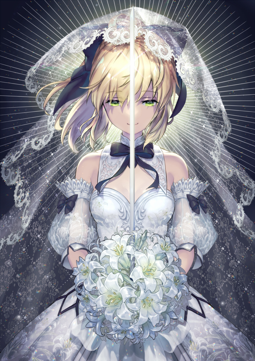 1girl ahoge artoria_pendragon_(fate) bare_shoulders blonde_hair bouquet bow detached_sleeves dress fate/grand_order fate/unlimited_codes fate_(series) flower gloves green_eyes hair_bow hair_ribbon highres holding holding_bouquet holding_flower holding_sword holding_weapon light_smile lily_(flower) long_hair ponytail poshii_(posy) ribbon saber_lily skirt smile solo sword type-moon upper_body veil weapon white_dress white_flower white_legwear white_veil