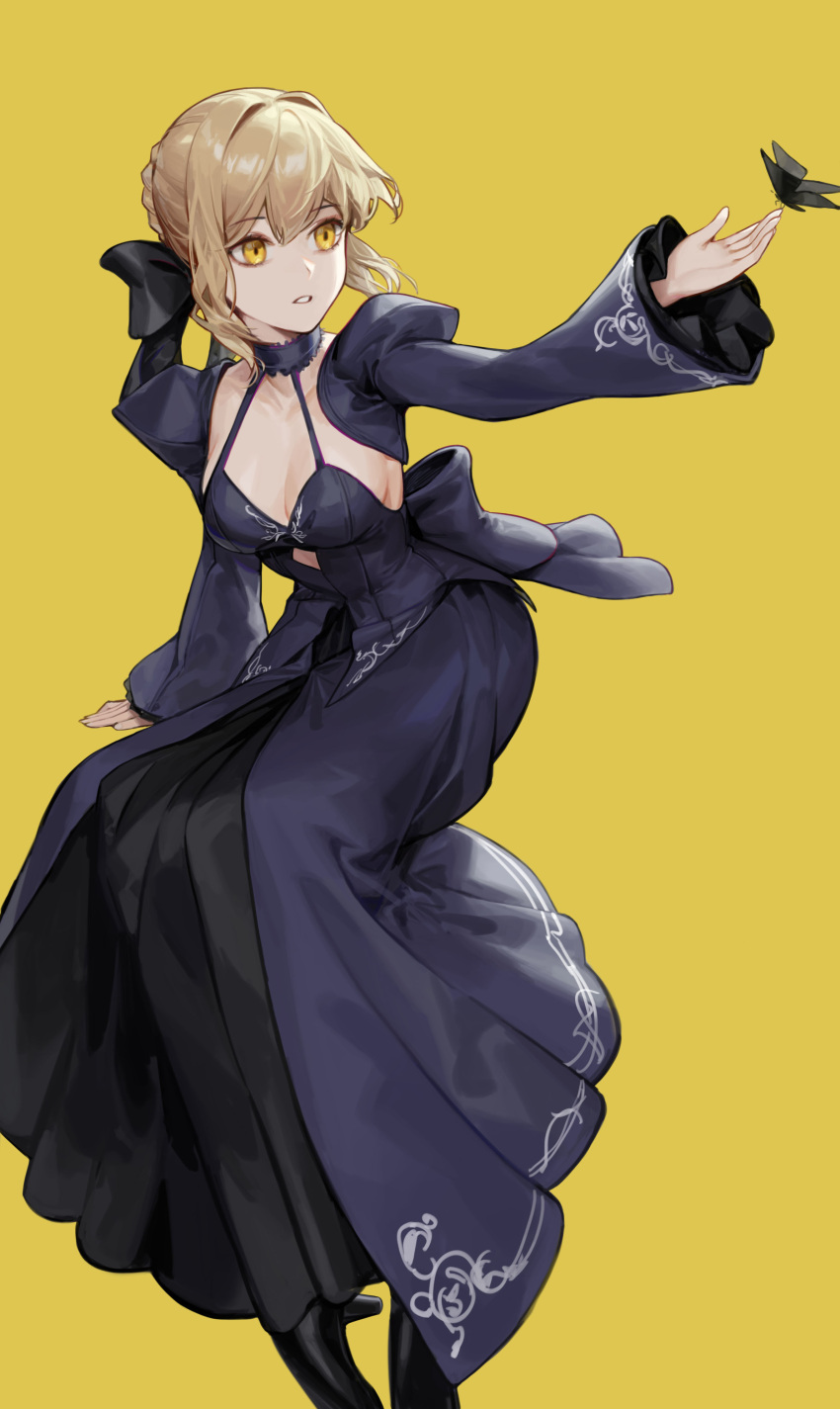 1girl absurdres artoria_pendragon_(fate) black_dress black_ribbon black_sleeves blonde_hair braid braided_bun breasts bug butterfly cotta_(heleif) detached_sleeves dress fate/grand_order fate_(series) french_braid hair_bun hair_intakes hair_ribbon highres long_dress long_sleeves ribbon saber_alter simple_background small_breasts solo yellow_background yellow_eyes