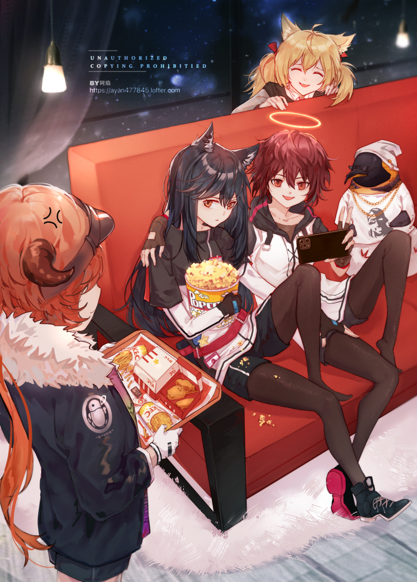 1boy 4girls ^_^ anger_vein animal animal_ears arm_around_shoulder artist_name ayan477845 bad_lofter_id bird black_footwear black_gloves black_jacket black_legwear black_shorts bow bucket cellphone closed_eyes couch cow_horns croissant_(arknights) exusiai_(arknights) fingerless_gloves food french_fries fried_chicken fur-trimmed_jacket fur_trim gloves hair_between_eyes hair_bow halo highres holding holding_bucket holding_phone holding_tray horns indoors jacket kfc knee_up legwear_under_shorts light long_hair multiple_girls open_mouth orange_eyes orange_hair pantyhose penguin penguin_logistics_(arknights) penguin_logistics_logo phone popcorn red_bow redhead shoes shorts single_shoe sitting smartphone sora_(arknights) spill takeout_container texas_(arknights) the_emperor_(arknights) tray tupac_shakur twintails visor_cap web_address white_headwear white_jacket window wolf_ears yellow_eyes