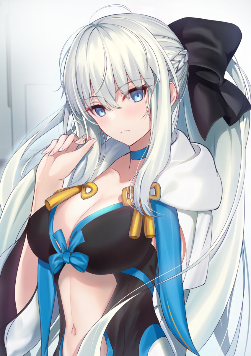 1girl arms_at_sides black_ribbon blue_eyes braid breasts breasts_apart crown crown_braid fate/grand_order fate_(series) hair_between_eyes highres light_frown long_hair looking_at_viewer medium_breasts morgan_le_fay_(fate) navel nekodaruma_new platinum_blonde_hair ribbon shaded_face solo thigh-highs thigh_gap thighs very_long_hair white_background wide_sleeves