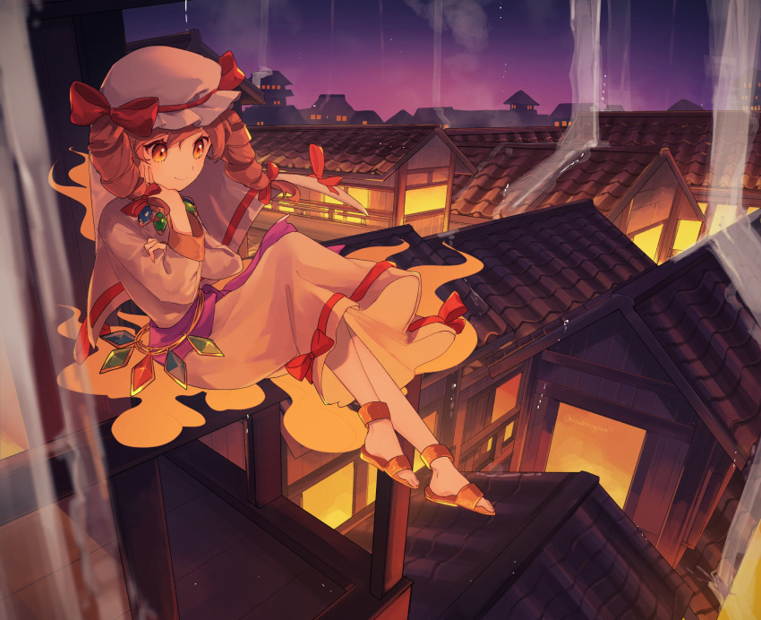 1girl architecture aura balcony bangs bow building closed_mouth commentary commission crystal dress drill_hair east_asian_architecture full_body hair_bow hand_on_own_arm hand_on_own_cheek hand_on_own_face hat hat_bow head_rest highres holding_own_arm jewelry koito_(bowstringsmall) light_blush long_sleeves looking_afar mob_cap necklace no_socks official_alternate_costume on_railing orange_eyes orange_footwear orange_hair pink_ribbon railing red_bow ribbon sandals scenery short_hair sitting skeb_commission skyline smile solo swept_bangs touhou twin_drills veil water water_drop waterfall white_dress white_headwear window yorigami_jo'on