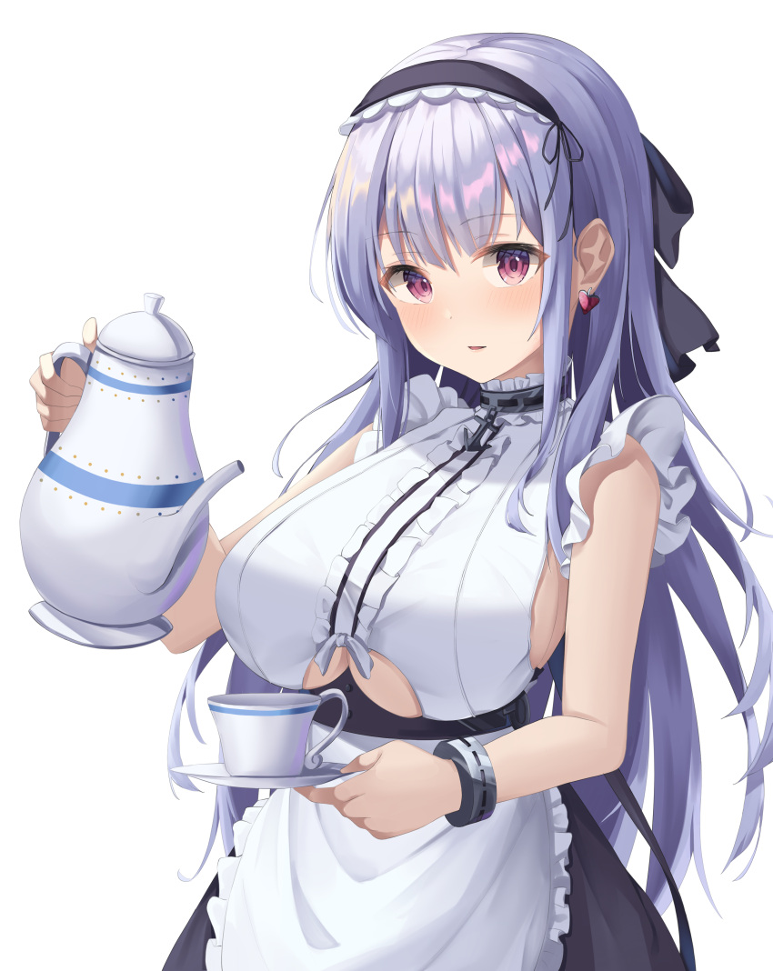 1girl absurdres anchor_choker apron azur_lane bangs bare_shoulders black_hairband black_ribbon black_skirt blush bracer breasts center_frills choker clothing_cutout commentary cowboy_shot cup dido_(azur_lane) earrings eyebrows_visible_through_hair frilled_choker frills hair_between_eyes hair_ribbon hairband heart heart_earrings highres holding holding_plate holding_teapot jewelry lace-trimmed_hairband lace_trim large_breasts long_hair looking_at_viewer maid motoq parted_lips plate ribbon shirt sidelocks silver_hair simple_background skirt sleeveless sleeveless_shirt solo standing teacup teapot under_boob underboob_cutout violet_eyes waist_apron white_apron white_background