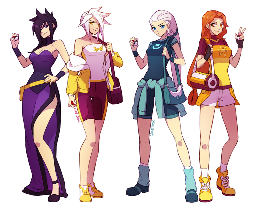 4girls alternate_costume artist_name bag bangs bare_shoulders blue_eyes breasts clothes_around_waist diana_(league_of_legends) dress full_body hands_up highres holding holding_poke_ball jacket kayle_(league_of_legends) league_of_legends leona_(league_of_legends) medium_breasts morgana_(league_of_legends) multiple_girls off-shoulder_dress off_shoulder parted_bangs pink_shorts poke_ball pokemon purple_dress shoes short_shorts short_sleeves shorts shoulder_bag siblings sisters smile socks standing strapless strapless_dress sun_print sweater sweater_around_waist teeth v violet_eyes vmat white_shorts yellow_eyes yellow_footwear yellow_jacket