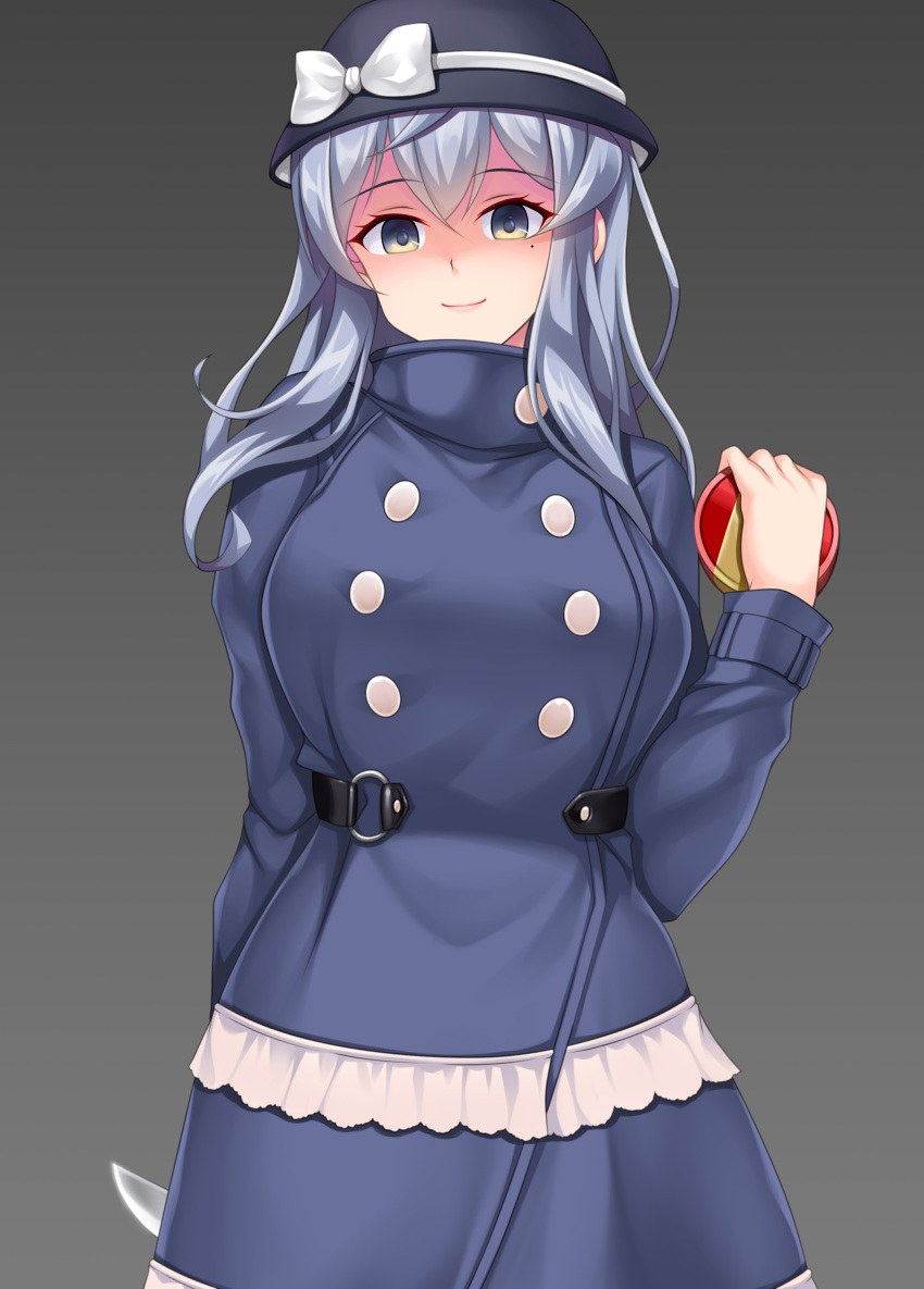 1girl absurdres black_headwear blue_coat blue_eyes blue_hair box buttons closed_mouth coat false_smile gift gift_box gotland_(kancolle) gotland_andra_(kancolle) grey_background hair_between_eyes hat highres holding holding_gift holding_knife kantai_collection knife long_sleeves medium_hair mole mole_under_eye ruin_re_birth shaded_face simple_background solo upper_body yandere