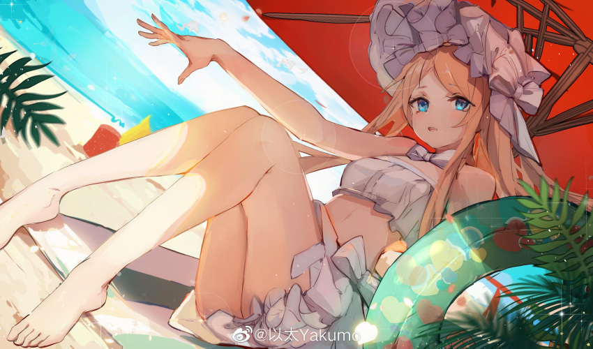 1girl abigail_williams_(fate) abigail_williams_(swimsuit_foreigner)_(fate) bangs bare_shoulders beach beach_umbrella bikini blonde_hair blue_eyes bow breasts chinese_commentary clouds day fate/grand_order fate_(series) forehead frilled_bikini frills hair_bow highres innertube light long_hair looking_at_viewer ocean outdoors palm_tree parted_bangs shore sidelocks sitting sky small_breasts solo sunlight swimsuit tree twintails type-moon umbrella very_long_hair water weibo_logo weibo_username white_bikini white_bow white_headwear white_swimsuit yakumo_1041624199