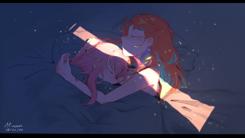 2girls bed blanket closed_eyes couple earrings feather_earrings feathers gradient_hair highres hololive hololive_english hug jewelry long_hair lying mmmmin_dk mori_calliope multicolored_hair multiple_girls on_back on_side orange_hair pajamas pillow pink_hair sleeping takanashi_kiara under_covers virtual_youtuber yuri zzz