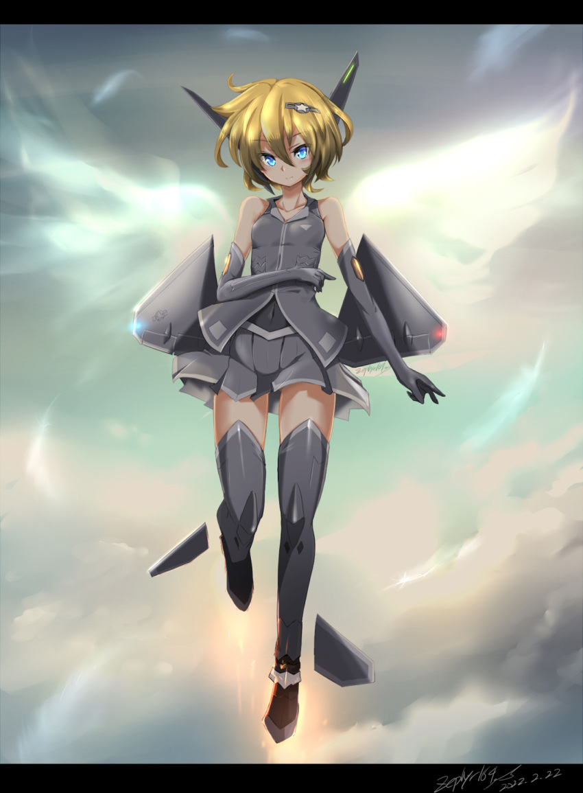 1girl 1other angel_wings bare_shoulders blonde_hair breasts closed_mouth clouds cloudy_sky commentary_request covered_navel detached_sleeves f-22_raptor highres lockheed_martin looking_at_viewer mecha navel original personification science_fiction sky small_breasts solo thrusters wings zephyr164