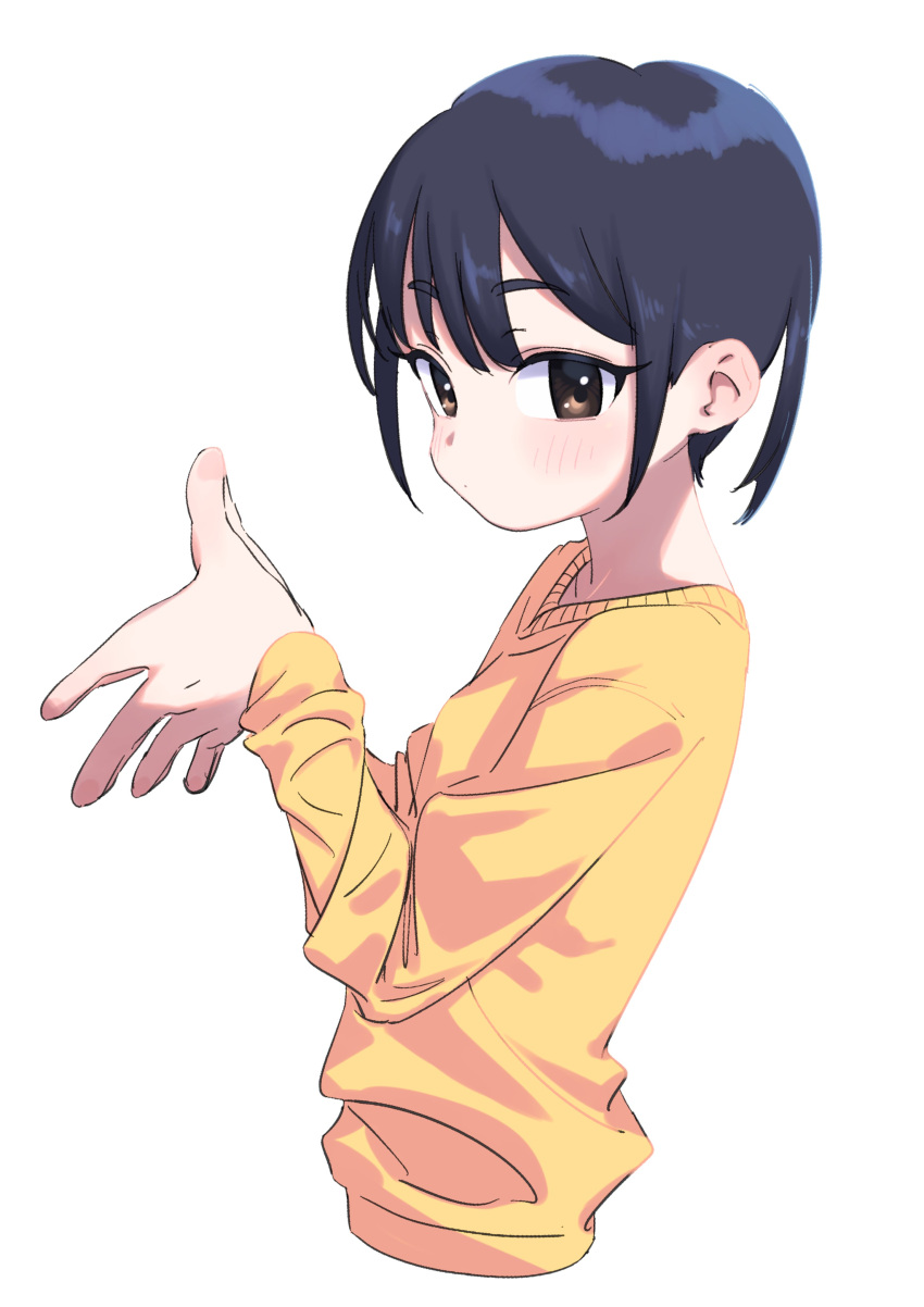 1girl absurdres bangs black_hair blush bouen brown_eyes closed_mouth cropped_torso hair_between_eyes highres long_sleeves looking_at_viewer original own_hands_together short_hair simple_background solo sweater white_background yellow_sweater