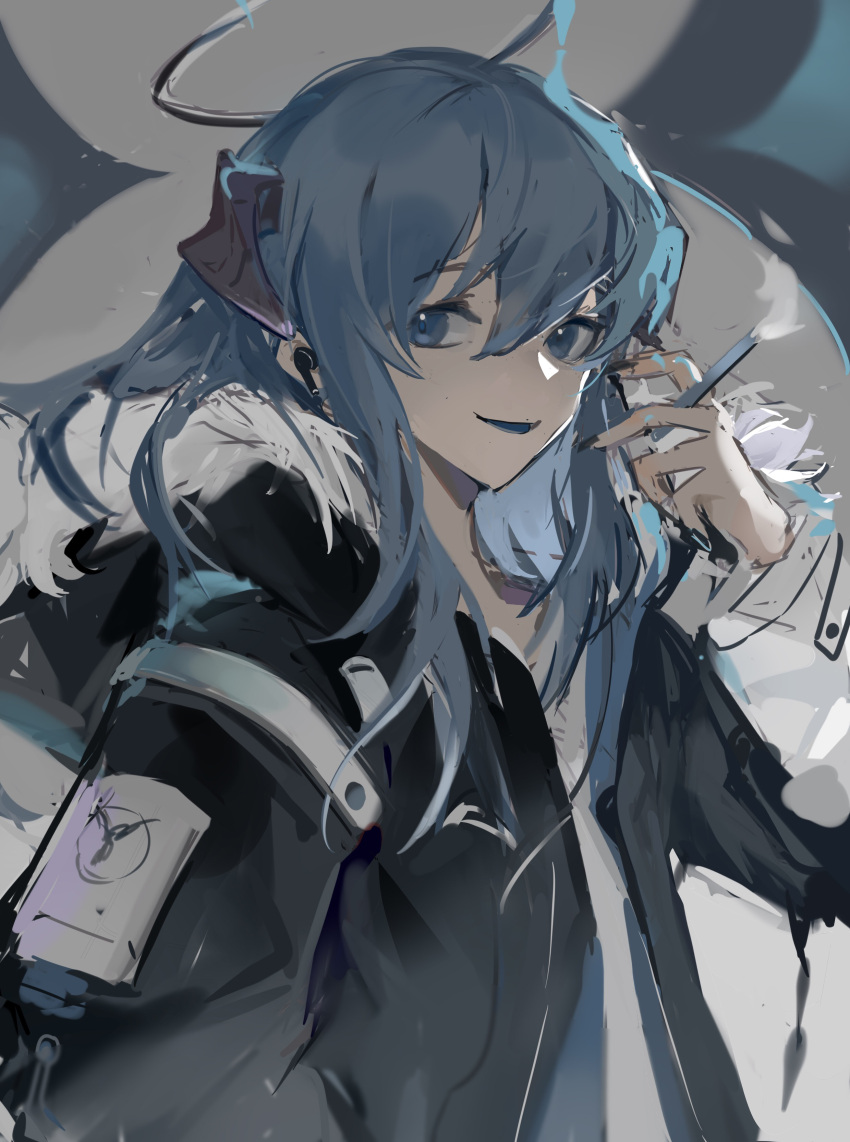 1girl absurdres arknights blue_eyes blue_hair blue_tongue caicaizi_(dois1) cigarette colored_tongue dark_halo demon_horns earphones earphones fur-trimmed_hood fur_trim hair_between_eyes highres holding holding_cigarette hood hood_down hooded_jacket horns jacket long_hair looking_at_viewer mostima_(arknights) open_clothes open_jacket parted_lips smoke solo upper_body
