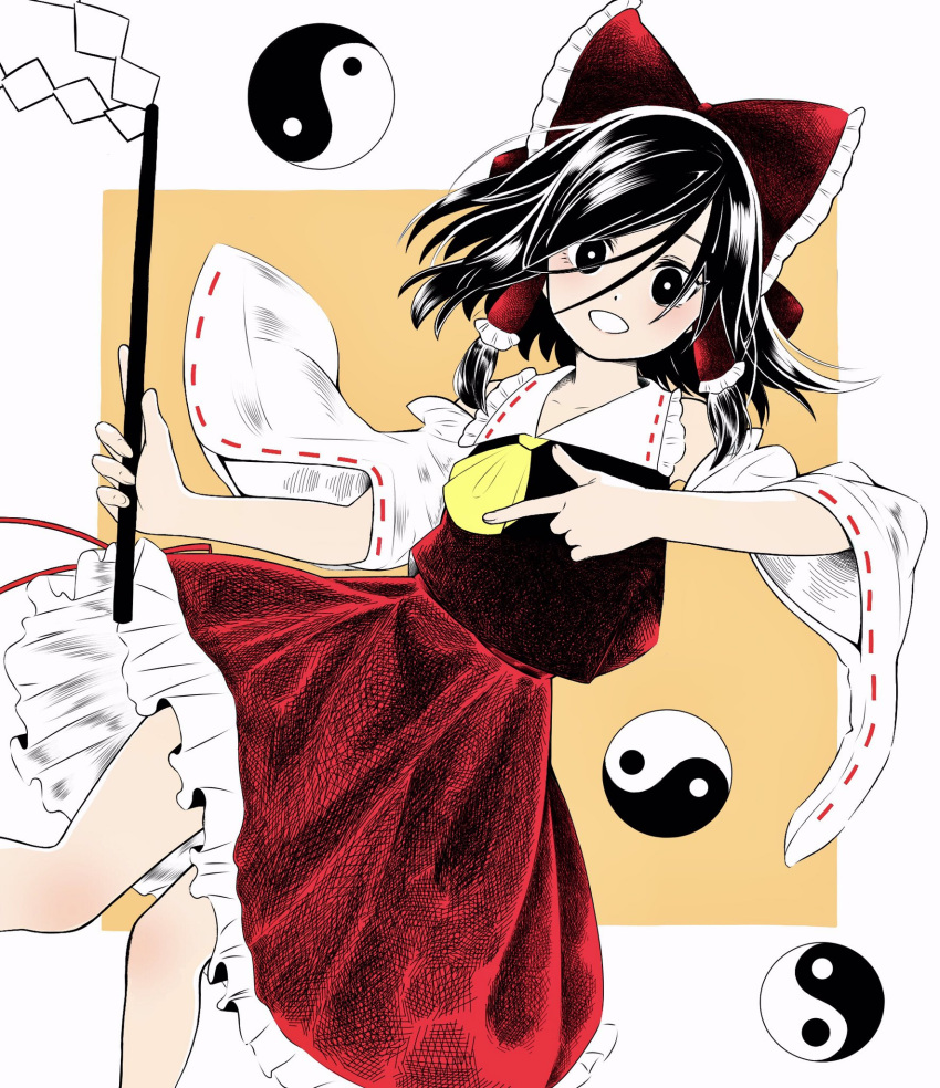 1341398tkrtr ascot bangs bare_shoulders black_eyes black_hair border bow collared_vest commentary_request detached_sleeves dutch_angle frilled_bow frilled_skirt frills gohei hair_bow hair_tubes hakurei_reimu high_contrast highres holding japanese_clothes limited_palette long_sleeves medium_hair miko nontraditional_miko ofuda open_mouth orb red_skirt red_vest simple_background skirt skirt_set touhou vest white_border wide_sleeves yellow_ascot yellow_background yin_yang yin_yang_orb