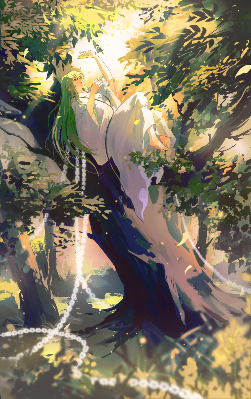 1other absurdres ambiguous_gender androgynous bangs barefoot chain chinese_commentary enkidu_(fate) fate/grand_order fate/strange_fake fate_(series) grass green_eyes green_hair highres holding holding_leaf in_tree leaf light light_green_hair light_rays long_hair long_sleeves looking_at_object robe shulanbiande sitting sitting_in_tree solo sunbeam sunlight toga tree type-moon very_long_hair white_robe