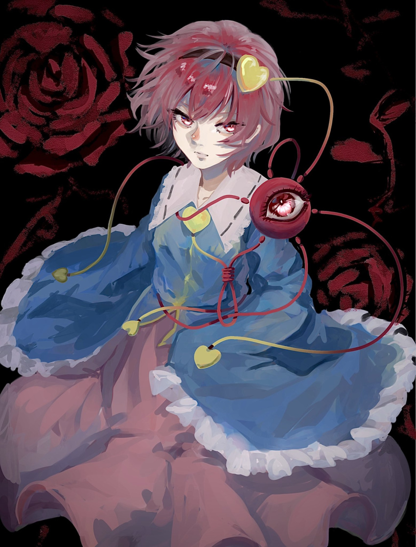 1girl :| black_background black_hairband blouse blue_blouse blush buttons closed_mouth commentary eyebrows_behind_hair feet_out_of_frame flower frilled_shirt_collar frilled_sleeves frills hair_ornament hairband heart heart_button heart_hair_ornament highres komeiji_satori lips long_sleeves looking_at_viewer makura_kumano nose_blush pink_eyes pink_hair pink_skirt red_eyes red_flower red_rose ribbon_trim rose short_hair simple_background skirt sleeves_past_fingers sleeves_past_wrists solo third_eye touhou tsurime wide_sleeves