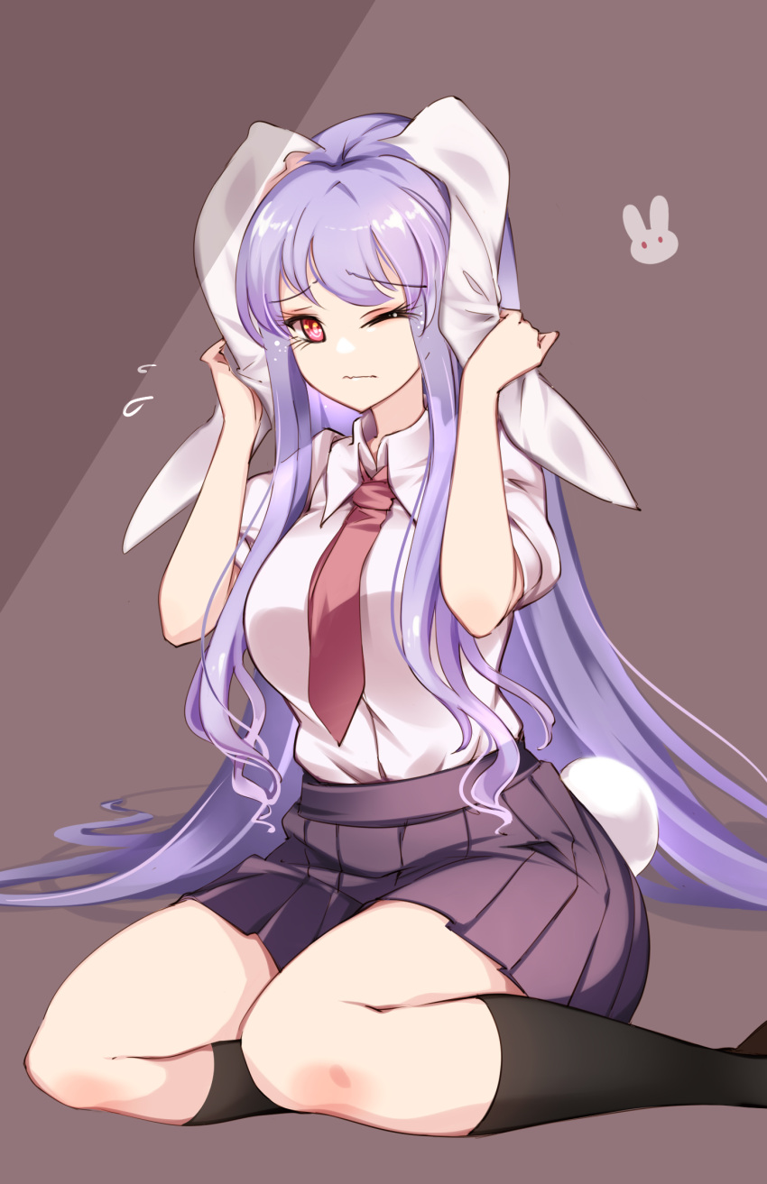 1girl ;| animal_ears arms_up bangs black_legwear blush closed_mouth collared_shirt eyelashes flying_sweatdrops highres holding_ears knees light_purple_hair lips long_hair looking_at_viewer miniskirt necktie one_eye_closed pleated_skirt purple_skirt rabbit_ears rabbit_tail raptor7 red_eyes red_necktie reisen_udongein_inaba shiny shiny_hair shirt short_sleeves sitting skirt socks solo symbol-only_commentary tail touhou wavy_mouth white_shirt wing_collar