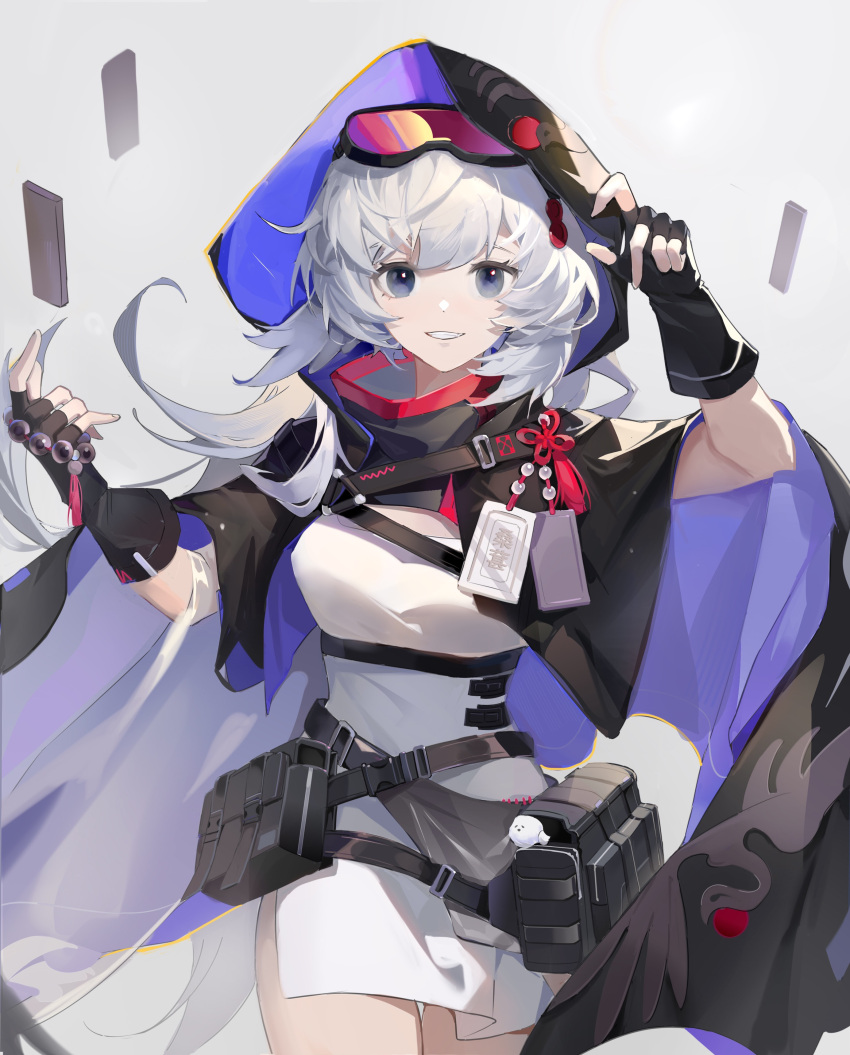 1girl absurdres arknights black_cape black_gloves blue_eyes breasts caicaizi_(dois1) cape cowboy_shot dress feather_hair fingerless_gloves gloves goggles goggles_on_head grey_background hands_up highres hood hood_up hooded_cape id_card looking_at_viewer medium_breasts mulberry_(arknights) pouch simple_background solo straight-on white_dress white_hair