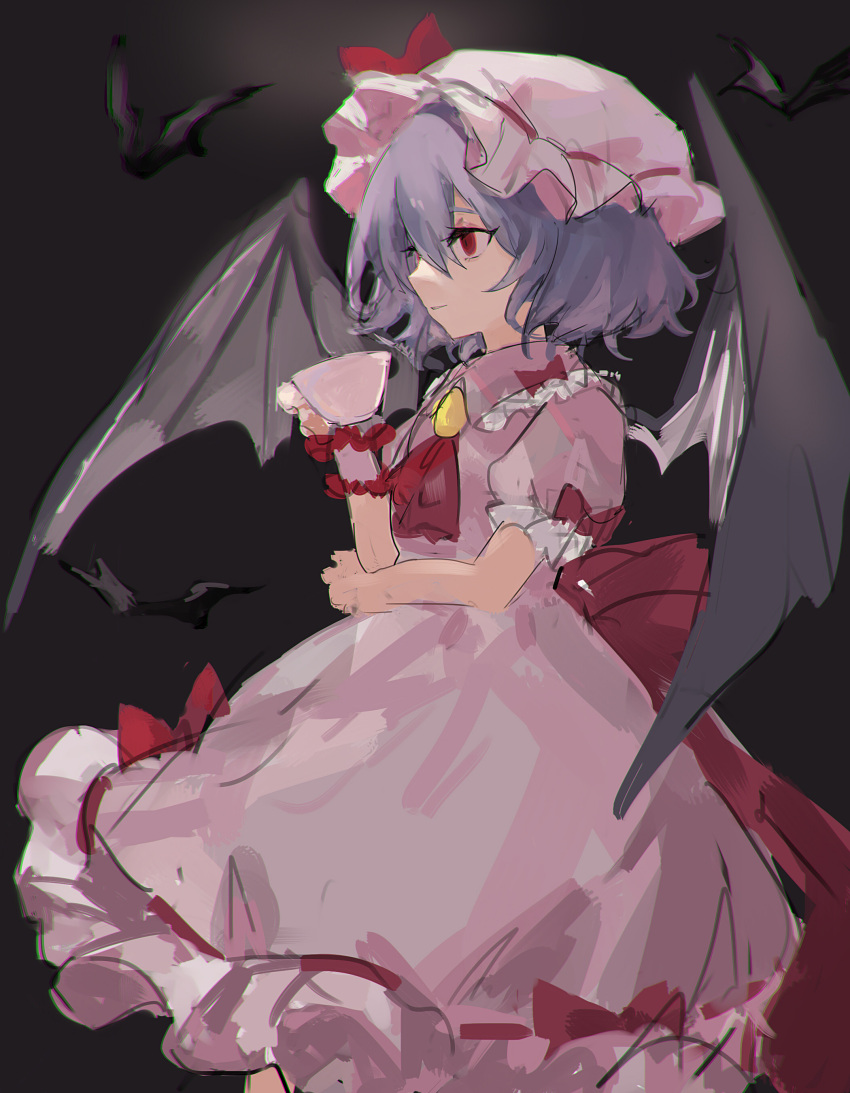 1girl absurdres ascot bangs bat_wings black_background closed_mouth cowboy_shot cup dress from_side hair_between_eyes hat hat_ribbon highres holding holding_cup kani_nyan mob_cap pink_dress pink_headwear purple_hair red_ascot red_eyes red_ribbon remilia_scarlet ribbon short_hair short_sleeves simple_background solo standing touhou wings
