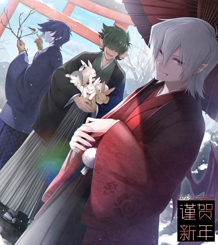 3boys ash_(pop'n_music) bird blue_hair blue_skin branch brown_gloves colored_skin fang gloves green_hair hair_between_eyes hair_over_eyes hakama highres holding holding_branch holding_rabbit japanese_clothes male_focus monochromupopu monster_boy multiple_boys open_mouth pointy_ears pop'n_music rabbit red_eyes sandals short_hair smile_(pop'n_music) snow socks teeth torii upper_teeth_only vampire werewolf white_hair white_socks winter yuli_(pop'n_music)