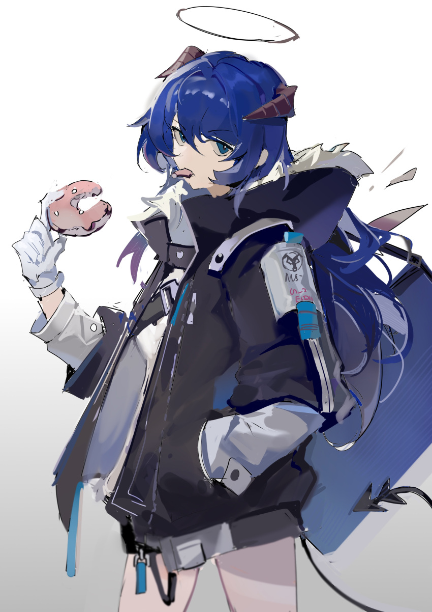 1girl absurdres arknights black_jacket black_shorts black_wings blue_eyes blue_hair caicaizi_(dois1) cowboy_shot dark_halo demon_girl demon_horns demon_tail detached_wings doughnut eating energy_wings eyebrows_visible_through_hair food fur-trimmed_hood fur_trim gloves hair_between_eyes hand_in_pocket hand_up highres holding holding_food hood hood_down hooded_jacket horns jacket long_hair long_sleeves looking_at_viewer mostima_(arknights) mouth_hold open_clothes open_jacket shirt shorts simple_background solo tail white_background white_gloves white_shirt wings