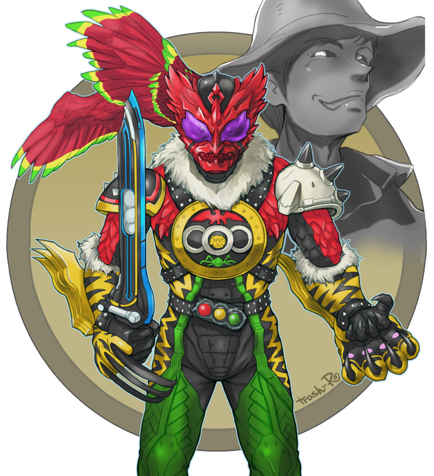 1boy alternate_universe animal_hands animal_print another_ooo_(zi-o) another_rider_(zi-o) belt bird bird_wings bug claws clenched_teeth commentary_request creature dan_kuroto evil_eyes evil_grin evil_smile feathered_wings feathers fighting_stance fur_trim grasshopper green_eyes grin hawk head_wings helmet highres holding holding_weapon huujyu jungle kamen_rider kamen_rider_zi-o_(series) monster nature smile solo studded_belt sword teeth tiger tiger_print violet_eyes weapon wings