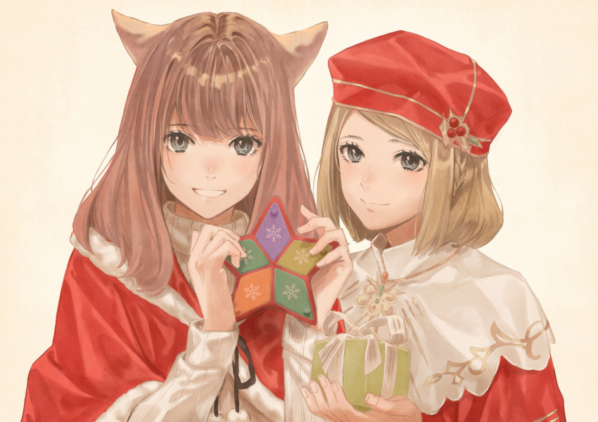 2girls absurdres animal_ears avatar_(ff14) blonde_hair brown_background brown_hair cat_ears cloak closed_mouth commentary_request ff14yonah final_fantasy final_fantasy_xiv fur-trimmed_cloak fur_trim gift grey_eyes hands_up highres holding holding_gift hyur long_hair long_sleeves looking_at_viewer miqo'te multiple_girls parted_lips red_cloak red_headwear red_robe short_hair smile snowflakes sweater turtleneck turtleneck_sweater upper_body white_sweater