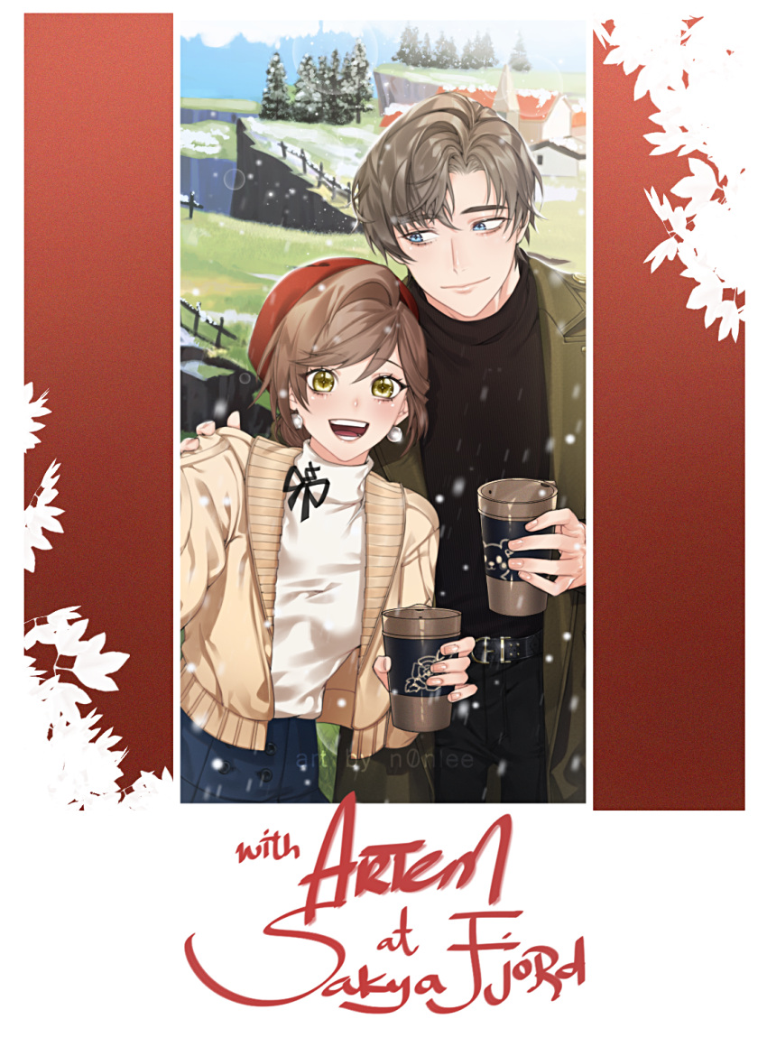 1boy 1girl :d artem_wing_(tears_of_themis) bangs beret black_shirt blue_eyes blue_skirt brown_coat brown_hair brown_jacket character_name closed_mouth coat coffee_cup cup disposable_cup earrings green_eyes hat highres holding holding_cup jacket jewelry looking_at_viewer noni_(user_acyt3354) open_mouth red_headwear rosa_(tears_of_themis) shirt short_hair skirt smile snowing tears_of_themis tree turtleneck white_shirt