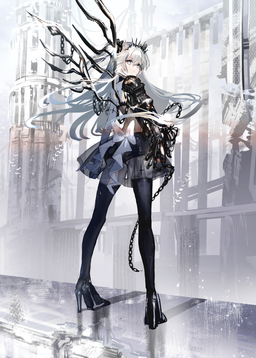 1girl absurdres armor bangs bird black_legwear black_skirt building chain closed_mouth commentary expressionless fantasy from_behind full_body grey_eyes high_heels highres long_hair looking_at_viewer looking_back nanaponi original outdoors pauldrons shadow shoulder_armor skirt solo standing thigh-highs tiara vambraces white_hair