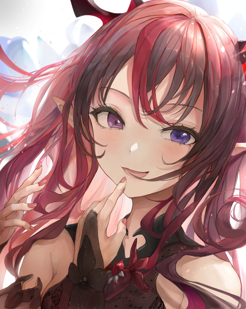 1girl absurdres bangs bare_shoulders blush bridal_gauntlets chan1moon demon_girl demon_horns eyebrows_visible_through_hair gem heterochromia highres hololive hololive_english horns irys_(hololive) jewelry long_hair multicolored_hair multiple_horns nail nail_polish open_mouth out_of_frame pointy_ears redhead simple_background smile solo upper_body
