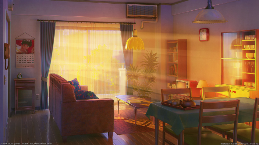 3d air_conditioner arsenixc calendar_(object) clock commentary_request couch cup day highres indoors lamp light_rays lightning mixed-language_commentary no_humans original pillow scenery sunbeam sunlight table television tree window
