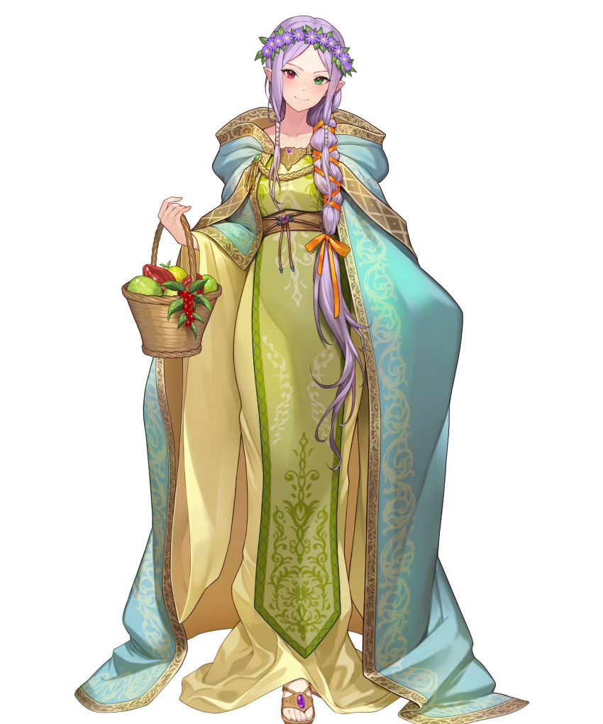 1girl bang closed_mouth different_eyes dress fire_emblem_heroes flower green_eye heterochromia holding holding_basket idunn_(fire_emblem) long_hair long_sleeves official_art pointy_ears purple_hair red_eye sidelocks smile white_background wide_sleeves