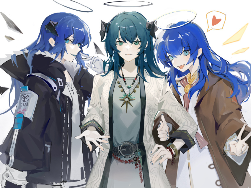 3girls :d absurdres arknights belt black_belt black_jacket black_wings blue_eyes blue_hair blue_tongue brown_jacket caicaizi_(dois1) coat colored_tongue cross cross_necklace demon_horns demon_tail detached_wings dress energy_wings grey_dress hair_between_eyes hand_on_hip heart highres horns jacket jewelry mostima_(arknights) multiple_girls multiple_persona necklace open_clothes open_coat open_jacket open_mouth outstretched_hand school_uniform shirt simple_background smile spoken_heart tail upper_body v white_background white_coat white_shirt wings