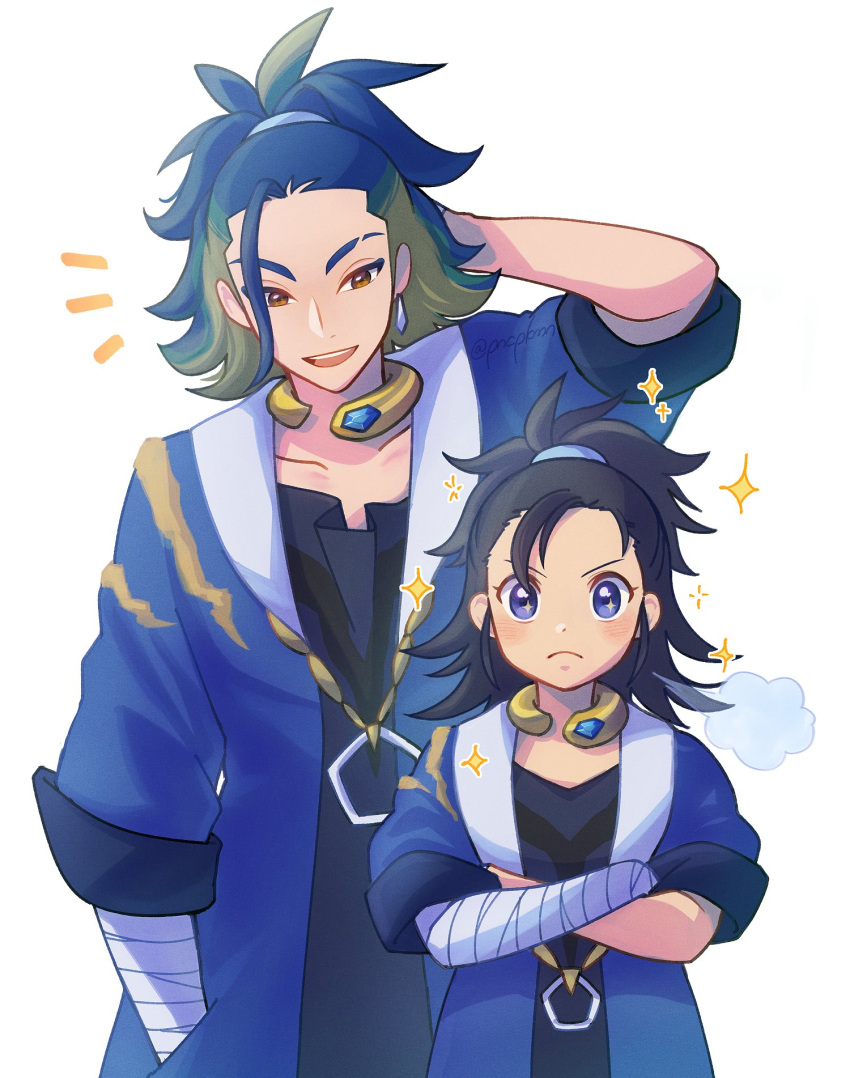 1boy 1girl adaman_(pokemon) adaman_(pokemon)_(cosplay) akari_(pokemon) arm_behind_head arm_wrap bangs black_hair black_robe blue_coat blue_eyes blue_hair blush brown_eyes closed_mouth coat collar collarbone commentary_request cosplay crossed_arms eyebrow_cut frown green_hair hand_in_pocket highres looking_at_viewer notice_lines open_mouth pokemon pokemon_(game) pokemon_legends:_arceus punico_(punico_poke) smile sparkle sparkling_eyes teeth tied_hair tongue upper_teeth white_background