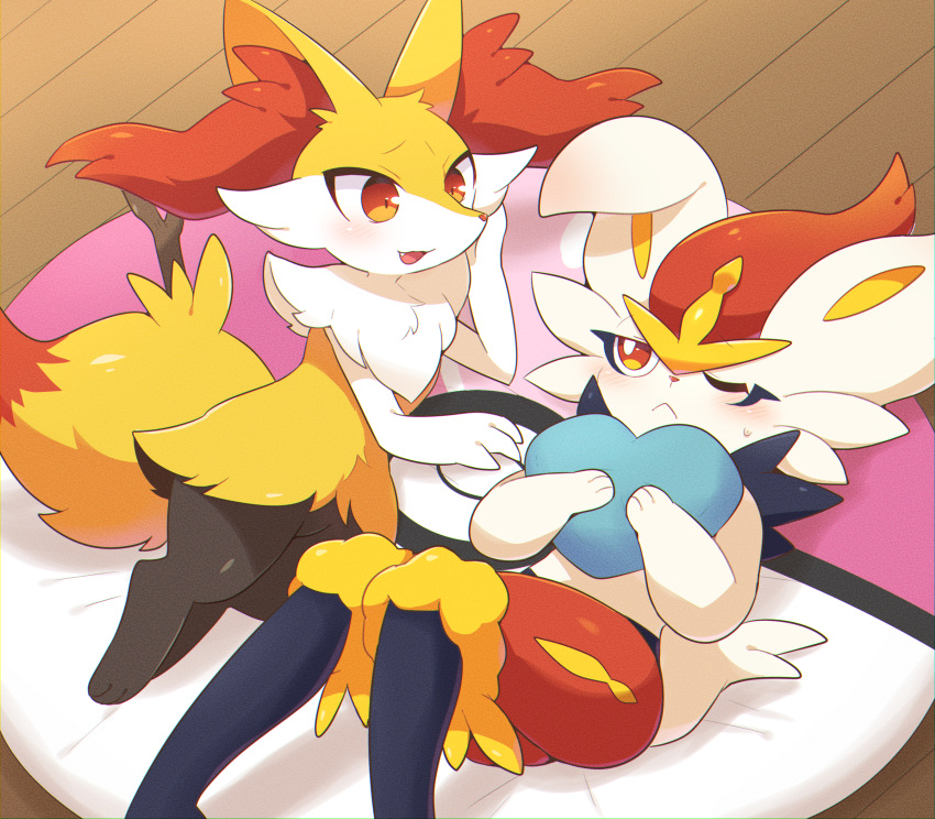 2girls :&lt; :3 animal_ear_fluff animal_ears animal_feet animal_nose black_fur blush body_fur braixen bright_pupils chromatic_aberration cinderace closed_mouth commentary_request eye_contact fang flat_chest fox_ears fox_girl fox_tail from_above full_body fur_collar furry furry_female half-closed_eye hand_up hands_up happy head_rest heart heart_pillow highres holding holding_pillow knees_together_feet_apart knees_up legs_together looking_at_another looking_to_the_side love_ball lying multiple_girls nervous on_back on_side one_eye_closed open_mouth partial_commentary pillow poke_ball poke_ball_theme pokemon pokemon_(creature) rabbit_ears rabbit_girl rabbit_tail red_eyes red_fur redhead rug short_hair sideways_mouth smile snout stick subaru331 sweat tail white_fur white_pupils wooden_floor yellow_fur